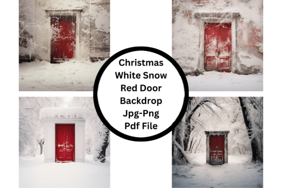 Christmas White Snow Red Door Backdrop
