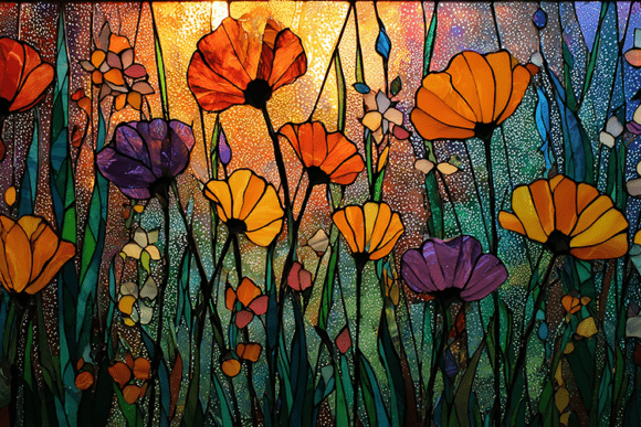 Poppies Field Stained Glass Sunset: A Vibrant Design Asset