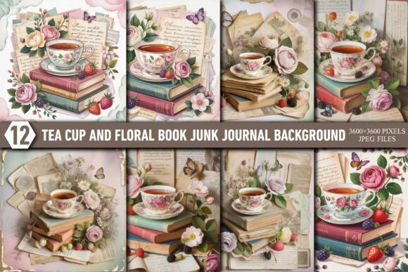 Tea Cup Floral Book Junk Journal Page: A Design Asset