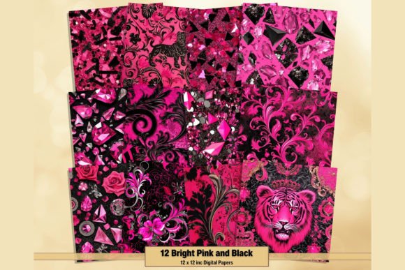 Unlock Dazzling Creativity with Bright Pink and Black Glam Digital Paper